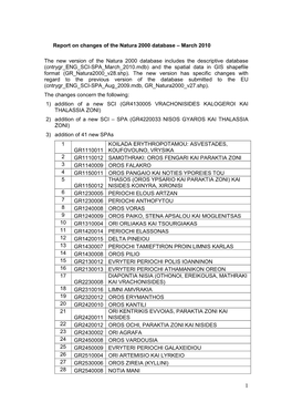 Report on Changes of the Natura 2000 Database – March 2010 the New