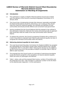 Warwick District Council Ward Boundaries Warwick District Council Submission on Warding Arrangements