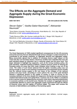 The Effects on the Aggregate Demand and Aggregate Supply During the Great Economic Depression