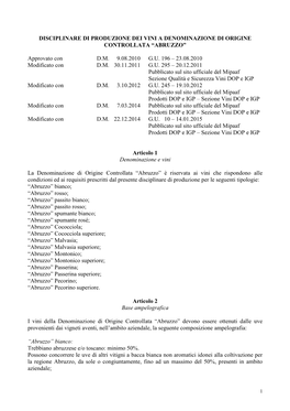 Disciplinare Di Produzione Dei Vini a Denominazione Di Origine Controllata “Abruzzo”