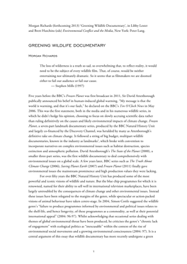Greening Wildlife Documentary’, in Libby Lester and Brett Hutchins (Eds) Environmental Conflict and the Media, New York: Peter Lang