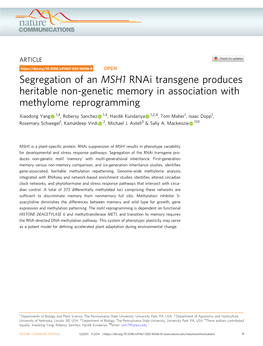 Segregation of an MSH1 Rnai Transgene Produces Heritable Non-Genetic Memory in Association with Methylome Reprogramming