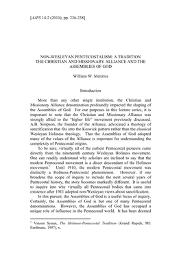 Non-Wesleyan Pentecostalism: a Tradition the Christian and Missionary Alliance and the Assemblies of God