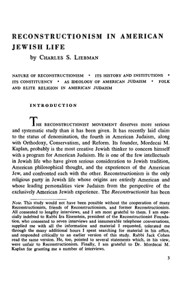 RECONSTRUCTIONISM in AMERICAN JEWISH LIFE by CHARLES S