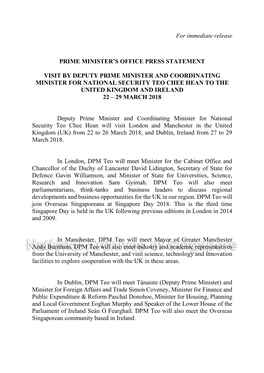 For Immediate Release PRIME MINISTER's OFFICE PRESS STATEMENT VISIT by DEPUTY PRIME MINISTER and COORDINATING MINISTER FOR