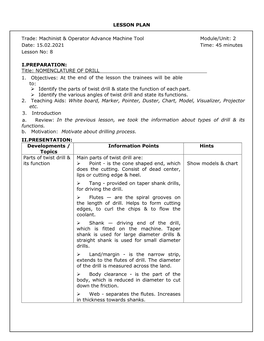 LESSON PLAN Trade: Machinist & Operator Advance Machine Tool