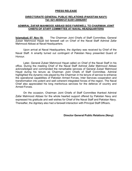 Admiral Zafar Mahmood Abbasi Bids Farewell to Chairman Joint Chiefs of Staff Committee at Naval Headquarters