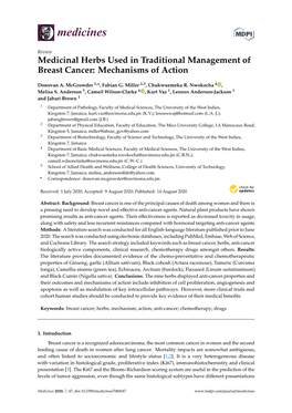 Medicinal Herbs Used in Traditional Management of Breast Cancer: Mechanisms of Action