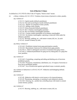 List of Barrier Crimes As Defined in § 19.2-392.02 of the Code of Virginia, 