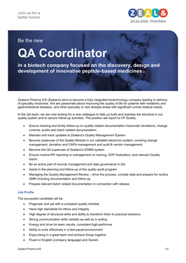 QA Coordinator in a Biotech Company Focused on the Discovery, Design and Development of Innovative Peptide-Based Medicines