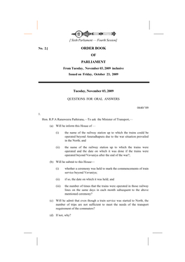 ORDER BOOK of PARLIAMENT from Tuesday, November 03, 2009 Inclusive Issued on Friday, October 23, 2009