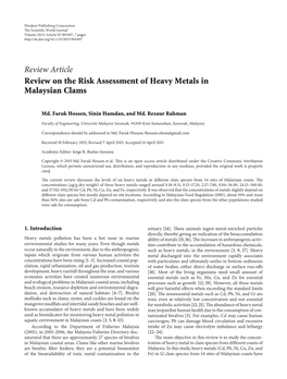 Review Article Review on the Risk Assessment of Heavy Metals in Malaysian Clams