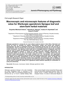 Macroscopic and Microscopic Features of Diagnostic Value for Warburgia Ugandensis Sprague Leaf and Stem-Bark Herbal Materials