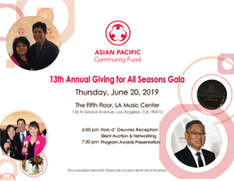 13Th Annual Giving for All Seasons Gala Thursday, June 20, 2019
