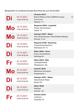 Do 26.08.2021 Mi 01.09.2021 Fr 17.09.2021 So 19.09.2021 Mo 20.09.2021 Do 23.09.2021 Fr 24.09.2021 Mo 27.09.2021 Mo 27.09.2021 Di