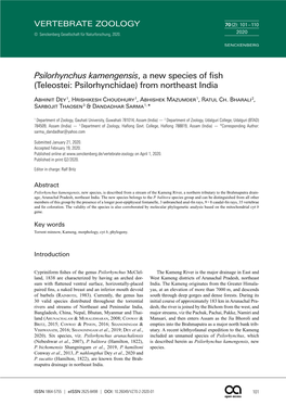 Psilorhynchus Kamengensis, a New Species of Fish (Teleostei: Psilorhynchidae) from Northeast India