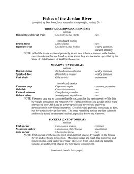 Fishes of the Jordan River Compiled by Dan Potts, Local Naturalist/Ichthyologist, Revised 2011