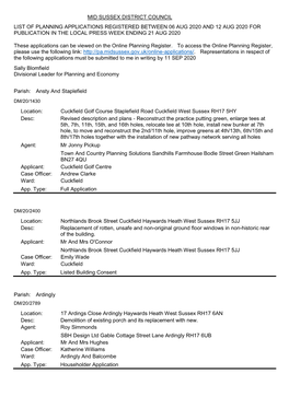 Mid Sussex District Council List of Planning Applications Registered Between 06 Aug 2020 and 12 Aug 2020 for Publication in the Local Press Week Ending 21 Aug 2020