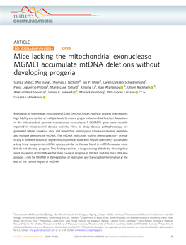 Mice Lacking the Mitochondrial Exonuclease MGME1 Accumulate Mtdna Deletions Without Developing Progeria
