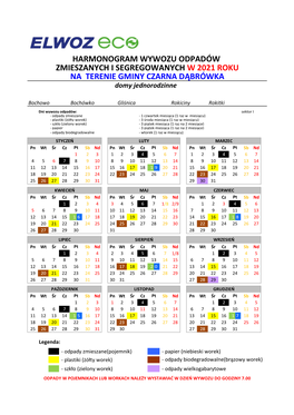HARMONOGRAM WYWOZU ODPADÓW ZMIESZANYCH I SEGREGOWANYCH W 2021 ROKU NA TERENIE GMINY CZARNA DĄBRÓWKA Domy Jednorodzinne