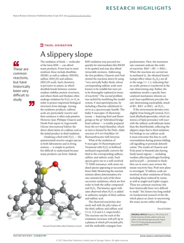 THIOL OXIDATION a Slippery Slope the Oxidation of Thiols — Molecules RSH Oxidation May Proceed Too Predominates