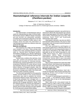 Haematological Reference Intervals for Indian Leopards (Panthera Pardus)