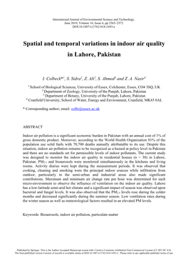 Spatial and Temporal Variations in Indoor Air Quality in Lahore, Pakistan
