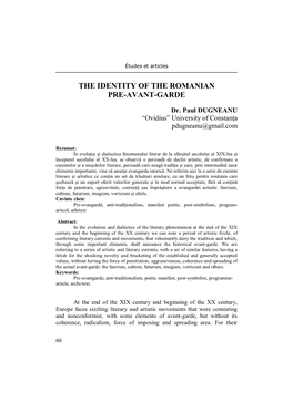 The Identity of the Romanian Pre-Avant-Garde