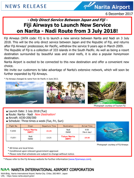 Fiji Airways to Launch New Service on Narita - Nadi Route from 3 July 2018!