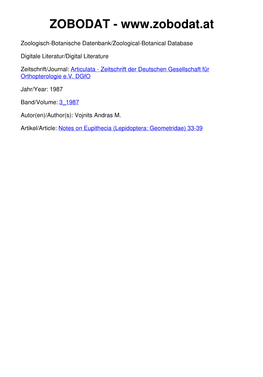 Notes on Eupithecia (Lepidoptera: Geometridae) 33-39 Deutschen Gesellschaft Für Orthopterologie E.V.; Download