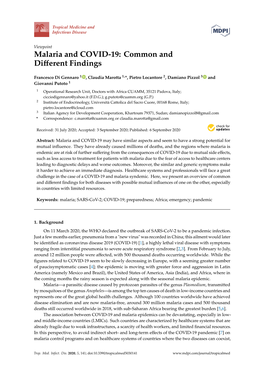 Malaria and COVID-19: Common and Different Findings