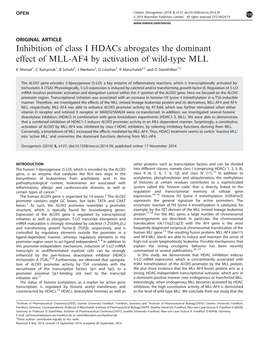 Inhibition of Class I Hdacs Abrogates the Dominant Effect of MLL-AF4 by Activation of Wild-Type MLL