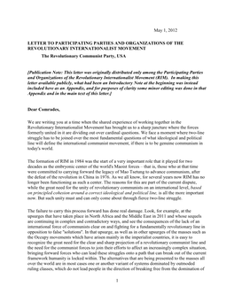 LETTER to PARTICIPATING PARTIES and ORGANIZATIONS of the REVOLUTIONARY INTERNATIONALIST MOVEMENT the Revolutionary Communist Party, USA