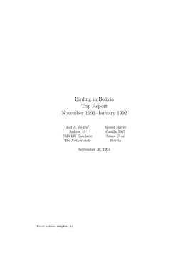 Birding in Bolivia Trip Report November 1991–January 1992