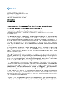 Contemporary Kinematics of the South Aegean Area (Greece) Detected with Continuous GNSS Measurements