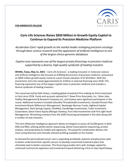 Caris Life Sciences Raises $830 Million in Growth Equity Capital to Continue to Expand Its Precision Medicine Platform