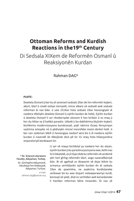 Ottoman Reforms and Kurdish Reactions in The19th Century Di Sedsala Xixem De Reformên Osmanî Û Reaksiyonên Kurdan