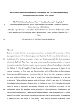 Characteristics of Bacterial Community in Cloud Water at Mt. Tai: Similarity and Disparity Under Polluted and Non-Polluted Cloud Episodes