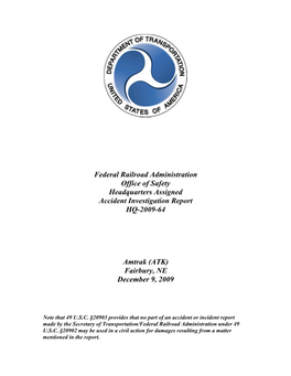 Federal Railroad Administration Office of Safety Headquarters Assigned Accident Investigation Report HQ-2009-64