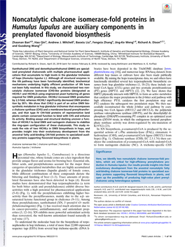 Noncatalytic Chalcone Isomerase-Fold Proteins in Humulus Lupulus Are Auxiliary Components in Prenylated Flavonoid Biosynthesis