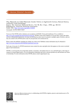 Why Mammals Are Called Mammals: Gender Politics in Eighteenth-Century Natural History Author(S): Londa Schiebinger Source: the American Historical Review, Vol