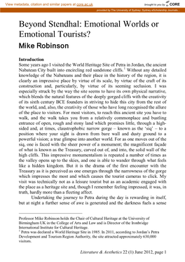 Beyond Stendhal: Emotional Worlds Or Emotional Tourists? Mike Robinson