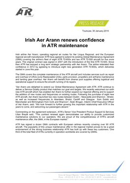 Irish Aer Arann Renews Confidence in ATR Maintenance