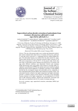 Supercritical Carbon Dioxide Extraction of Antioxidants from Rosemary