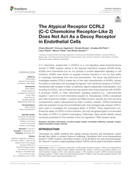 The Atypical Receptor Ccrl2 (C-C Chemokine Receptor-Like 2) Does Not Act As a Decoy Receptor in Endothelial Cells