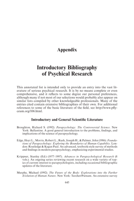Introductory Bibliography of Psychical Research