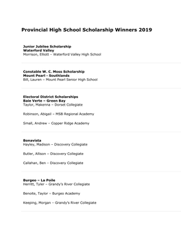 Provincial High School Scholarship Winners 2019