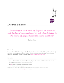 Ecclesiology in the Church of England: an Historical and Theological Examination of the Role of Ecclesiology in the Church of England Since the Second World War