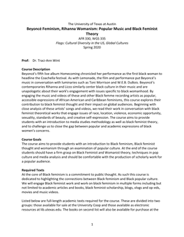 Beyoncé Feminism, Rihanna Womanism: Popular Music and Black Feminist Theory AFR 330, WGS 335 Flags: Cultural Diversity in the US, Global Cultures Spring 2020