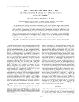 Are Flower-Visiting Ants Mutualists Or Antagonists?Astudy in a Gynodioecious Wild Strawberry1